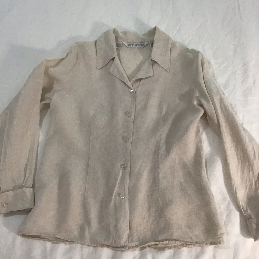 Richard Malcom Vintage Irish Linen Blouse w/French Cuffs, Size 8
